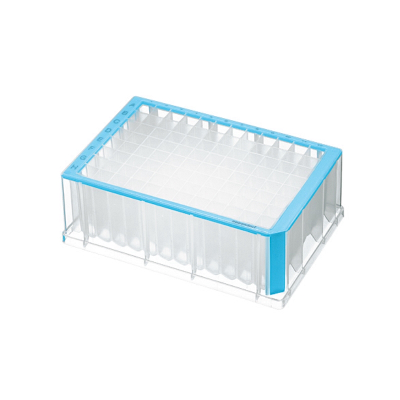 Планшеты глубоколуночные 96 лунок, сертифицированы на отсутствие ДНКаз, РНКаз, ингибиторов ПЦР, объём лунки 2,0 мл, стерильные, цвет рамки голубой, 20 шт/уп